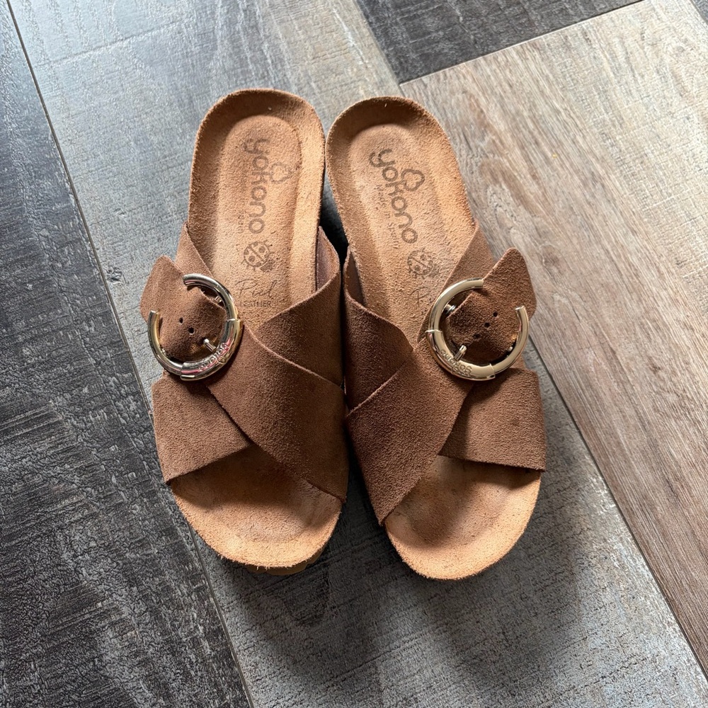 Yokono Spain Brown Suede Cork Footbed Sandals Buckle Slides Size 7